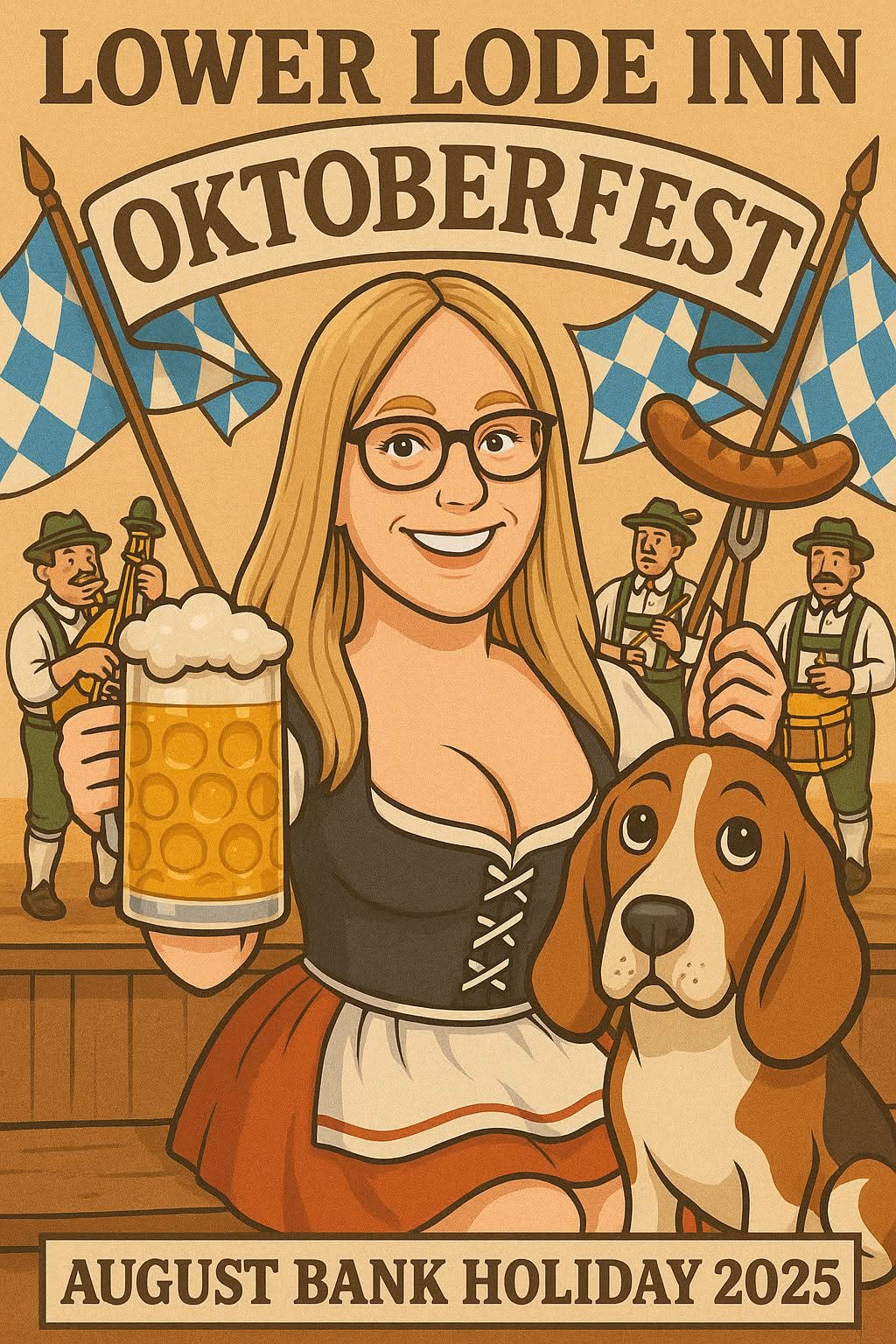 Illustrated 2025 Lower Lode Inn Oktoberfest poster announcing the August Bank Holiday event, with Bavarian flags, beer, musicians and a dog.