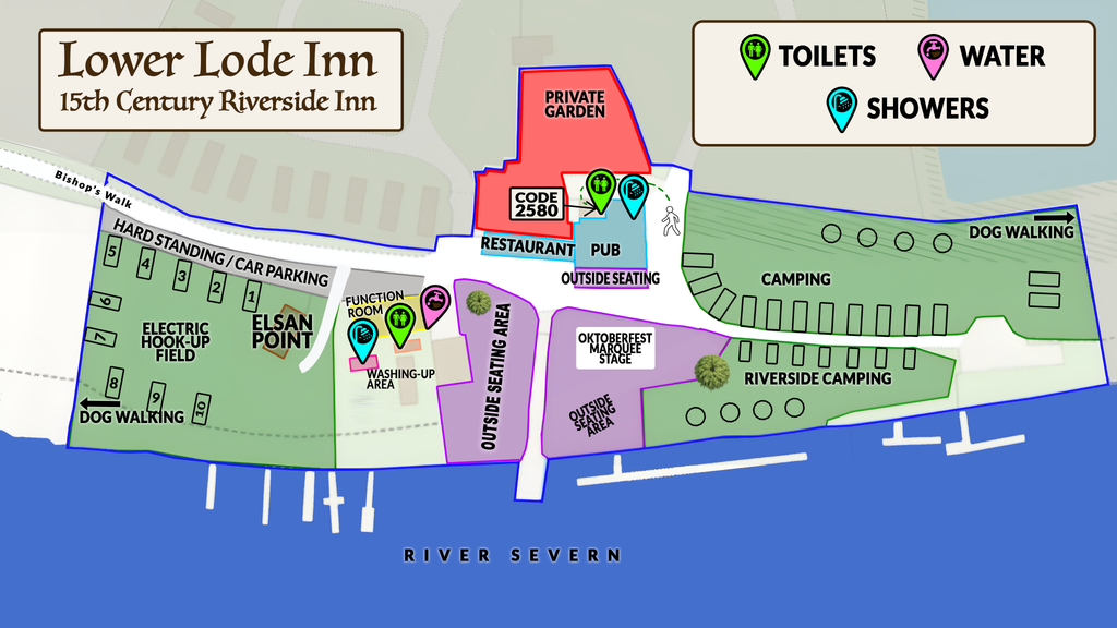 Lower Lode Inn event site map showing the pub, Oktoberfest marquee and stage, outside seating, gravel car parking, camping areas, toilets, showers, water, Elsan point and dog-walking routes.